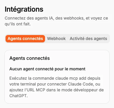 La page des intégrations pour les agents connectés, webhooks et activités des agents.